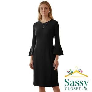 Chico’s Black 3/4 Sleeve Sheath Dress Back Zip Stretch Knit Knee Sz 1 (US M) EUC